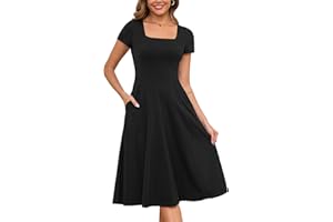 Annebouti Womens Spring Summer 2025 A-Line Square Neck Short Sleeve Semi-Formal Casual Work Midi Dress with Pockets