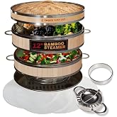Bamboo Steamer Basket 12 Inch Wide, Extra Deep &amp; Easy Lift Dumpling Steamer | With Steamer Silicone Liners Basket 12 Inch, Ring Adapter, Dumpling Press &amp; Mold - 2 Tier Bamboo Kitchen Steamer Cookware Kit