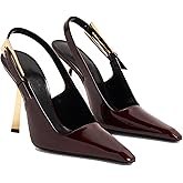THESHY Women's Slingback Stiletto High Heels Square Toe Metal Buckle Pumps Backless Patent Leather Fashion Party Dress Shoes for Women Burgundy