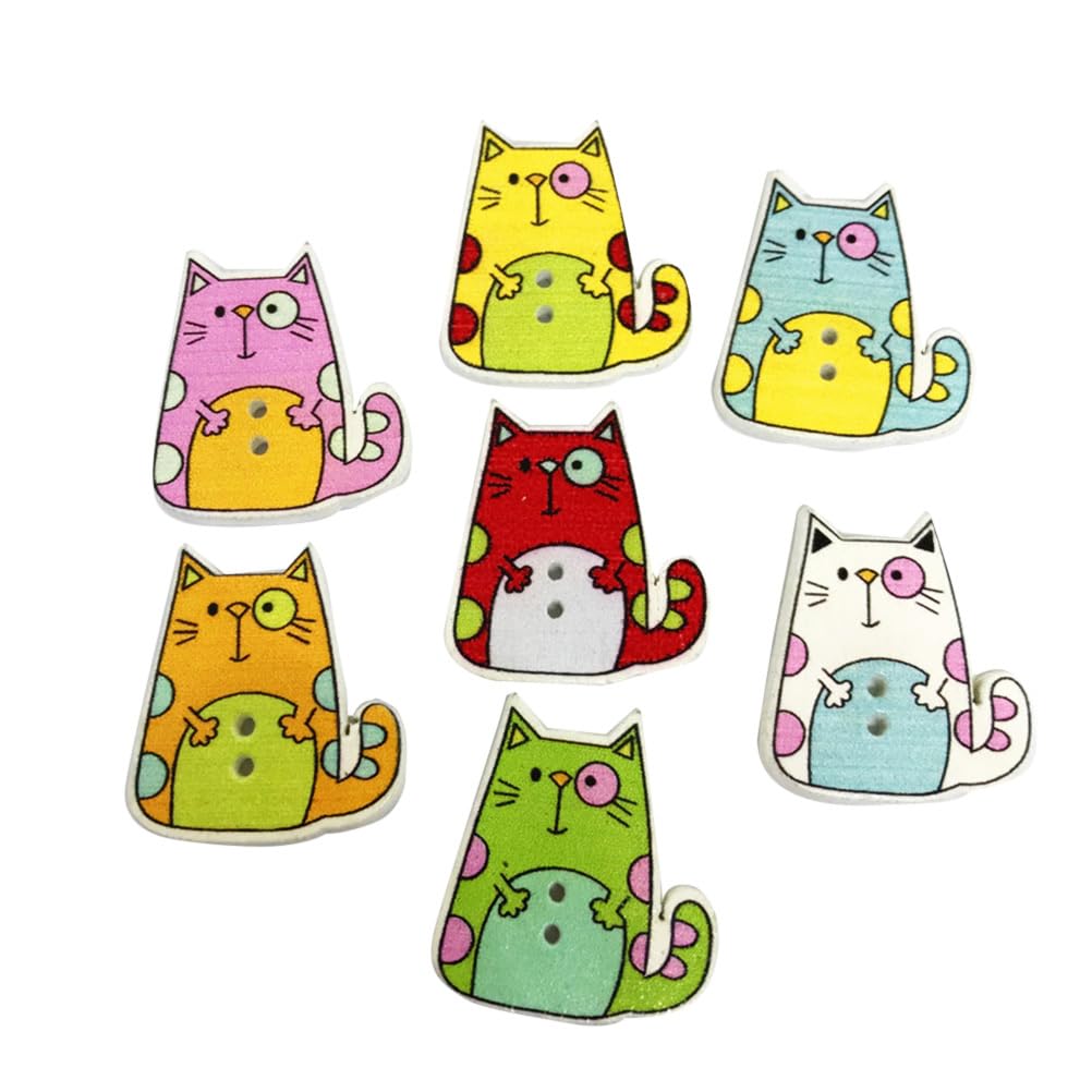Healifty 50pcs Wooden Cat Buttons Animal Buttons DIY Sewing Scrapbooking Craft Embellishment (Assorted Color)