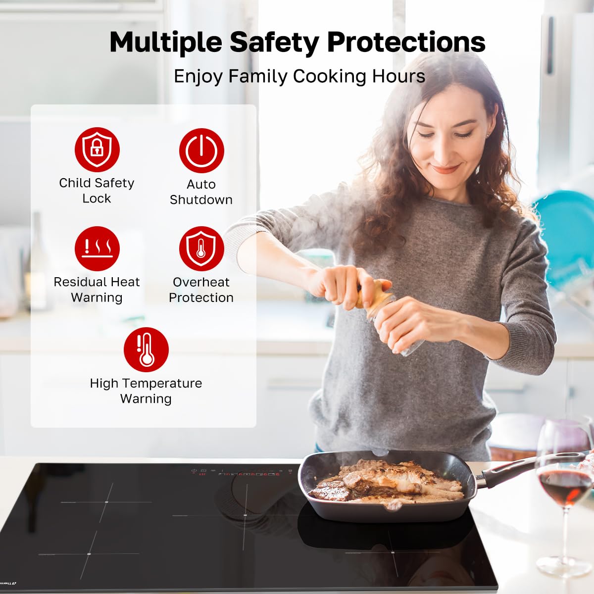 thermomate 36 Inch Induction Hob Electric Cooktop, 9800W Built in Induction Stove Top with 5 Boost Burners, 9 Heating Levels, Timer & Child Safety Lock, Sensor Touch Control, 240V