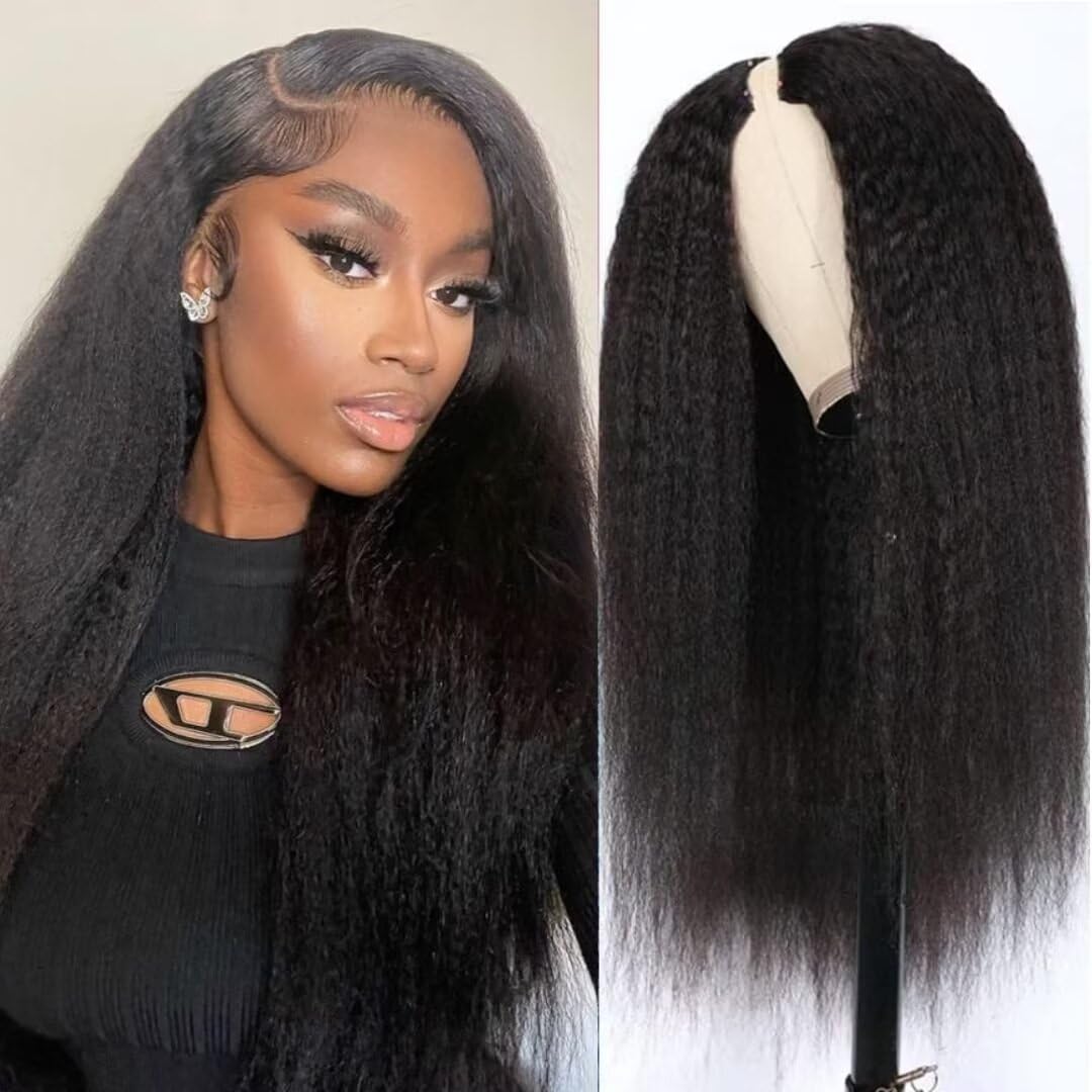 Yavida V Part Wig Human Hair Yaki Straight V Part Human Hair Wig 180% Density Yaki V Part Wig Kinky Straight V Part Wig Ready to Go Wig for Black Woman 22 inch