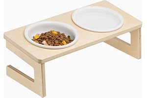 CEEFU Cat Bowls, 10° Tilted Wooden Stand Elevated Cat Food and Water Bowls with Thick Ceramic, Whisker Friendly, Wider Shallower Stable Dishwasher Safe, Ideal for Cats, Kittens and Small Dogs