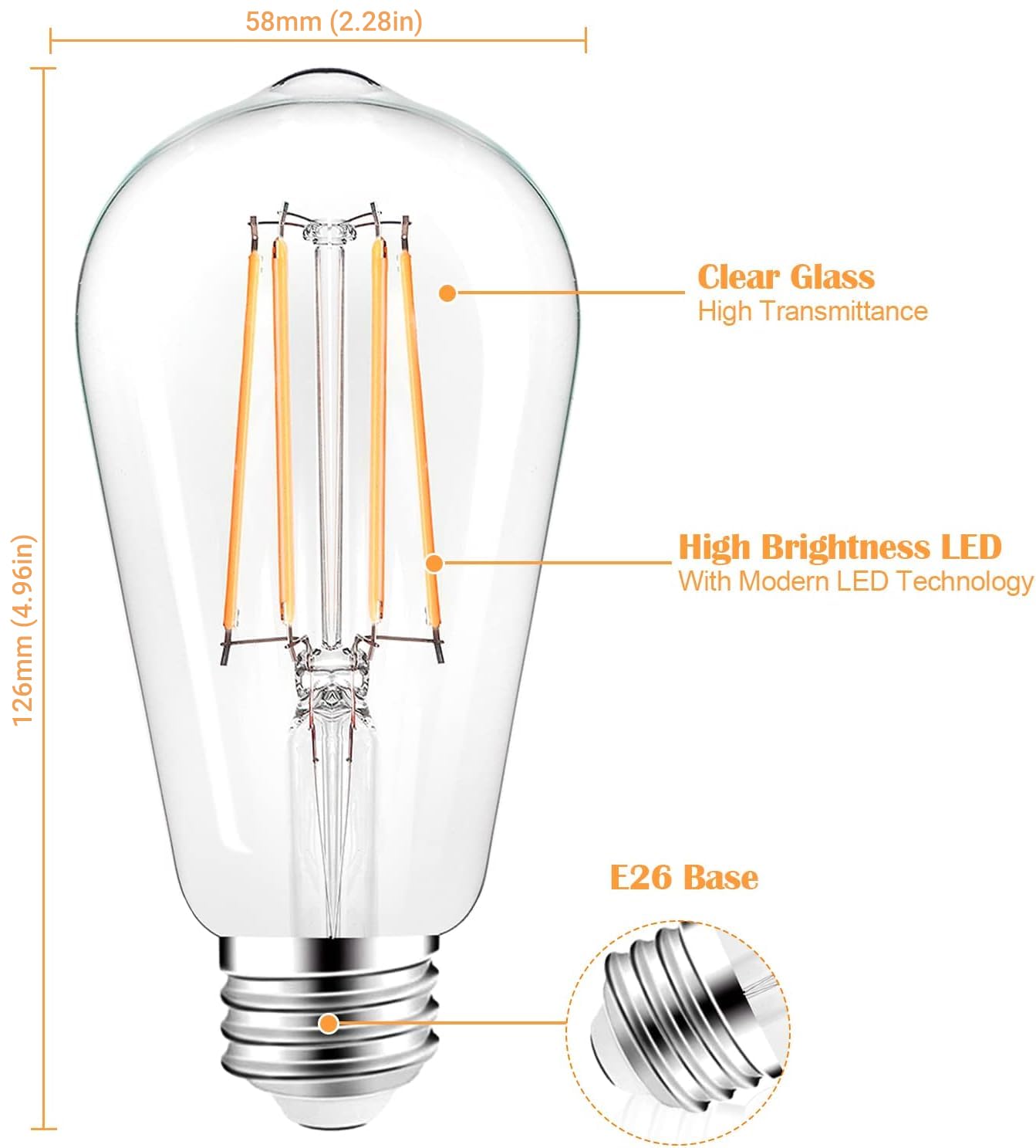 PARTPHONER LED Light Bulbs Dimmable Vintage Edison Bulb, E26 LED Bulb 60W Equivalent 720 Lumens, Warm White 2700K, ST58 Antique LED Filament Bulb CRI 85+, Clear Glass, Pack of 4