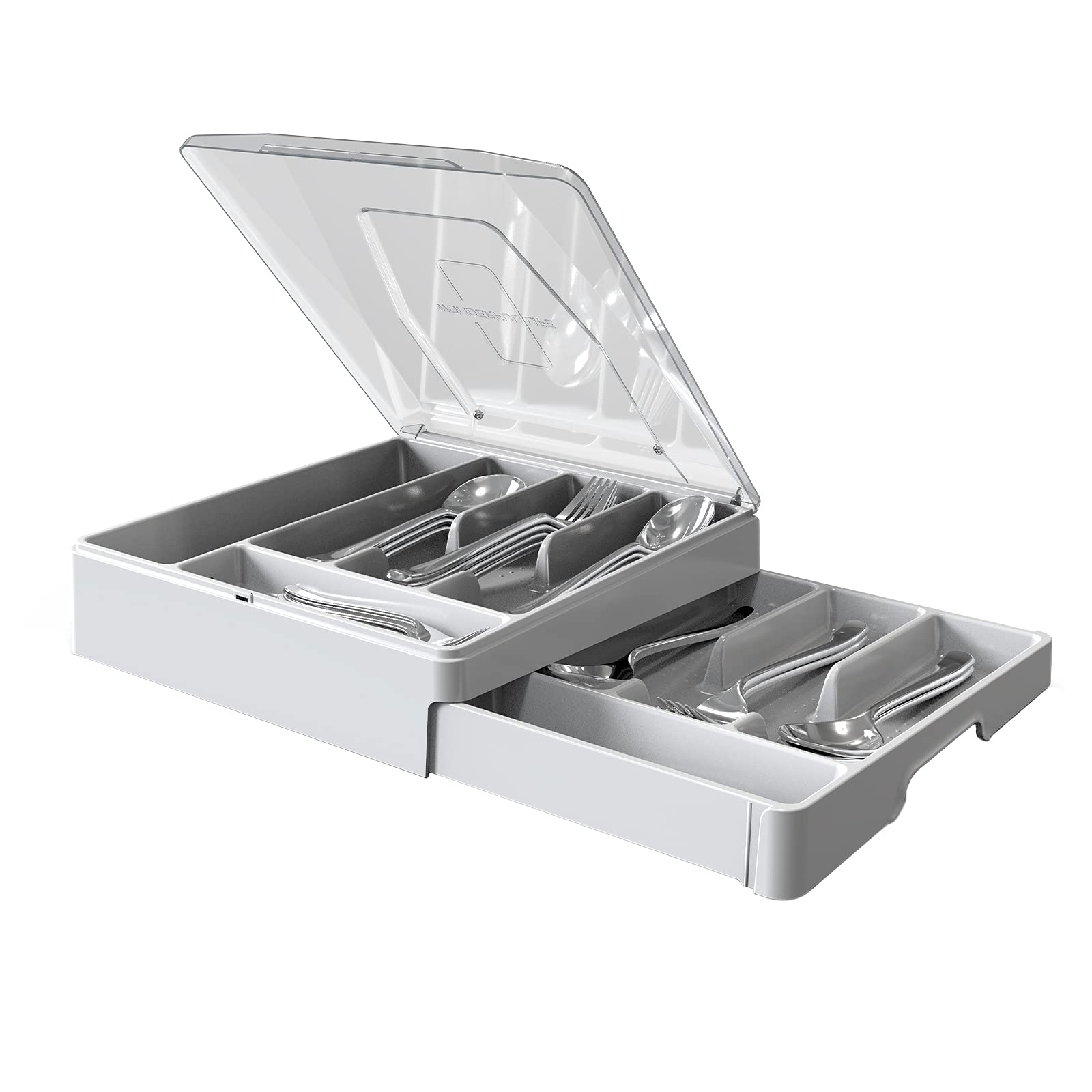 WURDON Double Layer Flatware Organizer with Lid, Cutlery Tray for Countertop Silverware Tray for Kitchen Drawers with 2 Tier Utensil Holder and 9 Compartments Silverware Storage Bin (White)