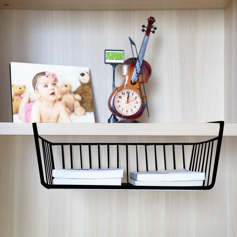 Flipzon Under Shelf Basket Storage Under Cabinet Shelf Wire Basket (Black, Pack of 1)