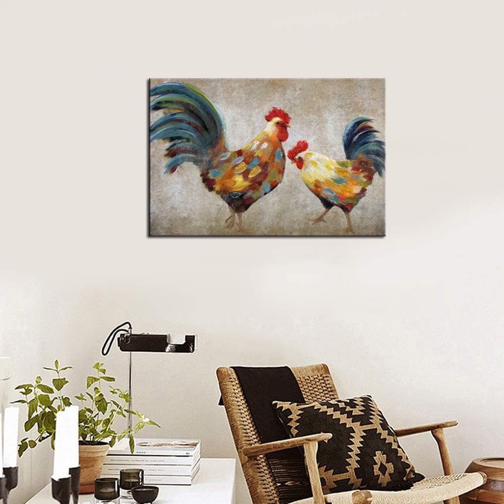 Amazon Sechars 農場 動物絵 鶏と鶏の絵 キャンバス ウォールアート ヴィンテージ 素朴 ホーム ファームハウス リビングルーム 壁装飾 枠張り済み すぐに掛けられる 24x36 アートフレーム ポスター オンライン通販