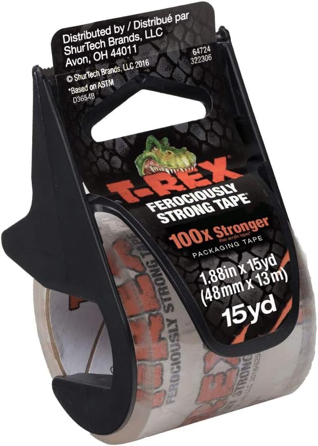 T-REX Clear Packing Tape with Dispenser, 1.88 in. x 15 yd. (284990) : Office Products