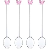 Honeydak 4 Pack Reusable Pink Bow Glass Spoons Pink Coffee Spoon Coquette Bow Party Bachelorette Decoration for Bridal Engagement Wedding Kitchen Counter Cooking Housewarming