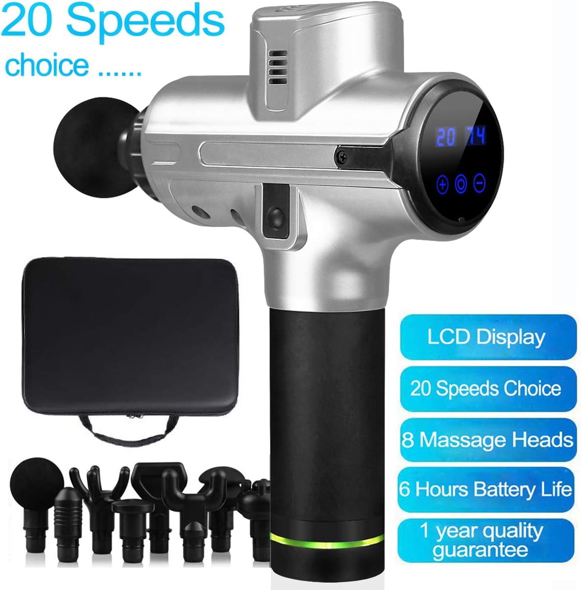 SHUNING Handheld Deep Muscle Massage Gun, Personal Portable Ultra-Quiet Cordless Muscle Relaxation Fascia Gun with 8 Massage Heads(Silver)