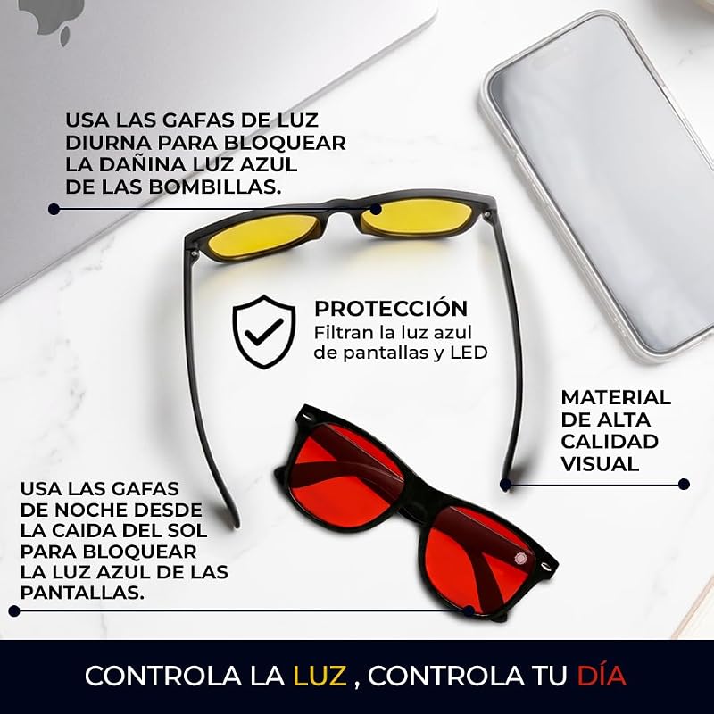 ® | Pack 2 Gafas Luz Azul | Amarillas y Rojas | Filtro de Luz Azul | Bienestar para tu Día y Noche | Reduce la Fatiga Visual | Regula el Sistema Nervioso | Ordenador, Gaming y Descanso — foto 3 de 6