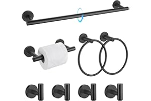 TQKAG 8-Pieces Bathroom Hardware Set Matte Black SUS304 Stainless Steel Bath Towel Bar Set 23.6 Inch Round Bathroom Accessories Kit Wall Mounted