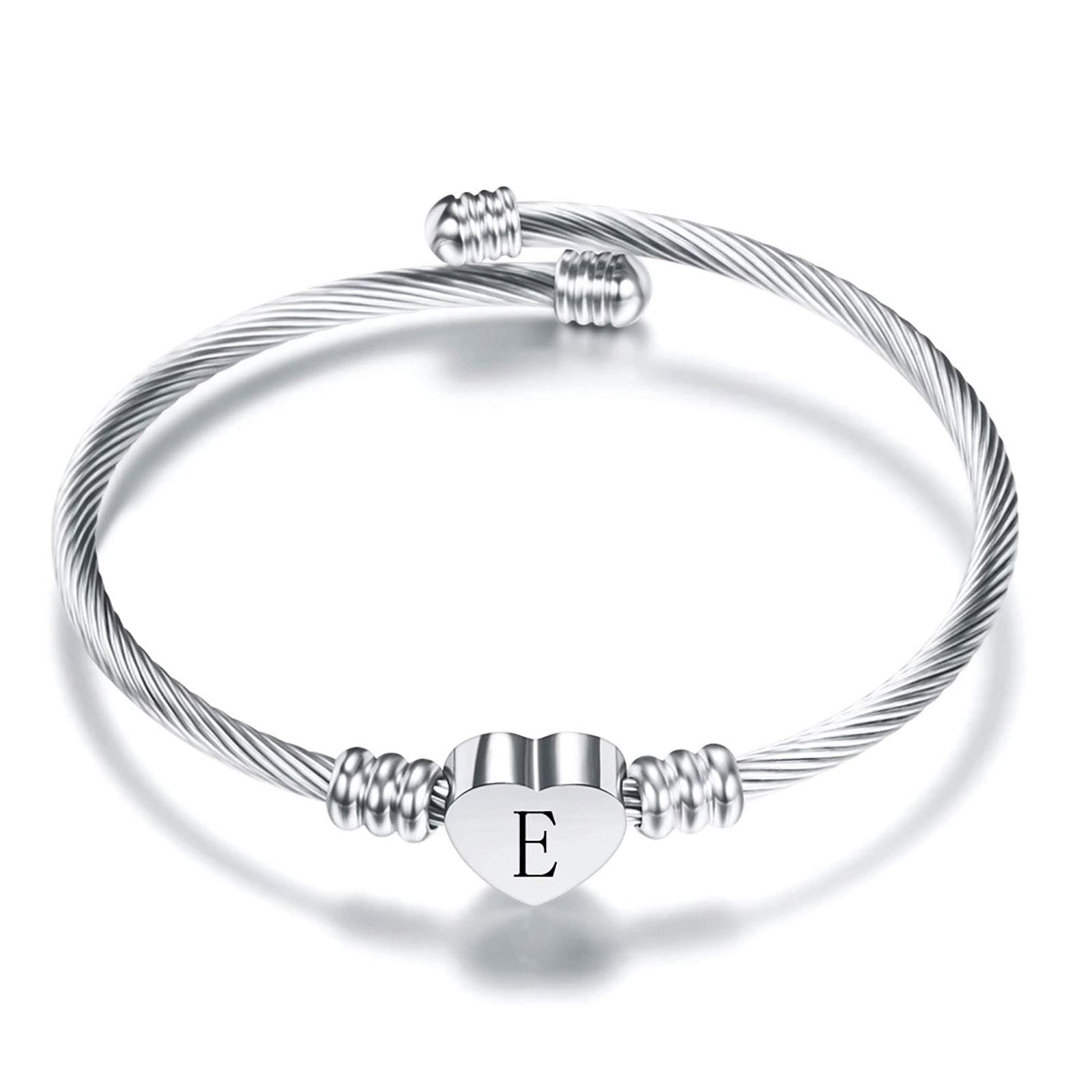 KunBead Jewelry Women Girls Cheap Initial Letter E Cuff Bracelet Silver Alphabet Heart Bangle Bracelets Gift for Birthday Sale