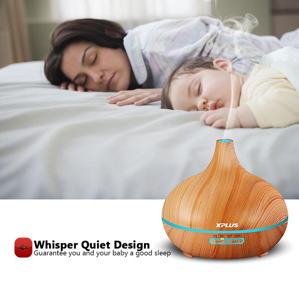 Essential Oil Diffuser,XPLUS 300ml Wood Grain Ultrasonic Cool Mist Humidifier With Adjustable Mist Mode,Multi-Color Light and Waterless Auto Shut-Off for Office Home Bedroom Living Room Study Yoga Spa (Wood Grain)