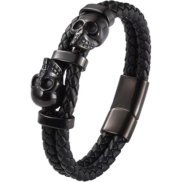 VA JENT Men's Skull Bracelet - Black Braided Leather Cuff With Stainless Steel - View #7