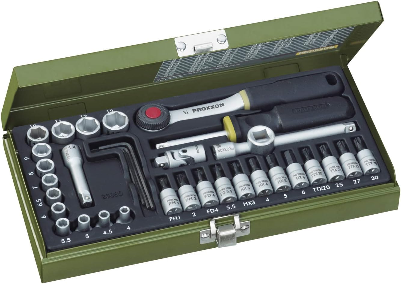 Proxxon 23080 Socket Set, Multi-Colour, 1/4-Inch, Set of 36 Pieces