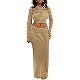 SHIPPOOOU Women Sexy 2 Piece Stripe Long Maxi Skirt Sets Off Shoulder Crop Top and High Waist Long Skirt