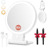 Auxmir 30X/1X Makeup Magnifying Mirror with Light, BM-2403 | Double‑Sided Button, Adjustable 3 Color Lights, Foldable Design, Desk Mirror For Travel Women, 2000mAh Battery, Twezzers