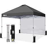 CROWN SHADES 10x10 Pop Up Canopy with 1 Side Wall - Beach Tent with One Push Setup - Outdoor Sun Shade for Events, Parties, Camping - Gazebo with STO-N-Go Cover Bag (Grid Grey)
