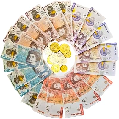 JKG Play Money UK Pounds Pretend Notes Coins for Kids - Educational Toy