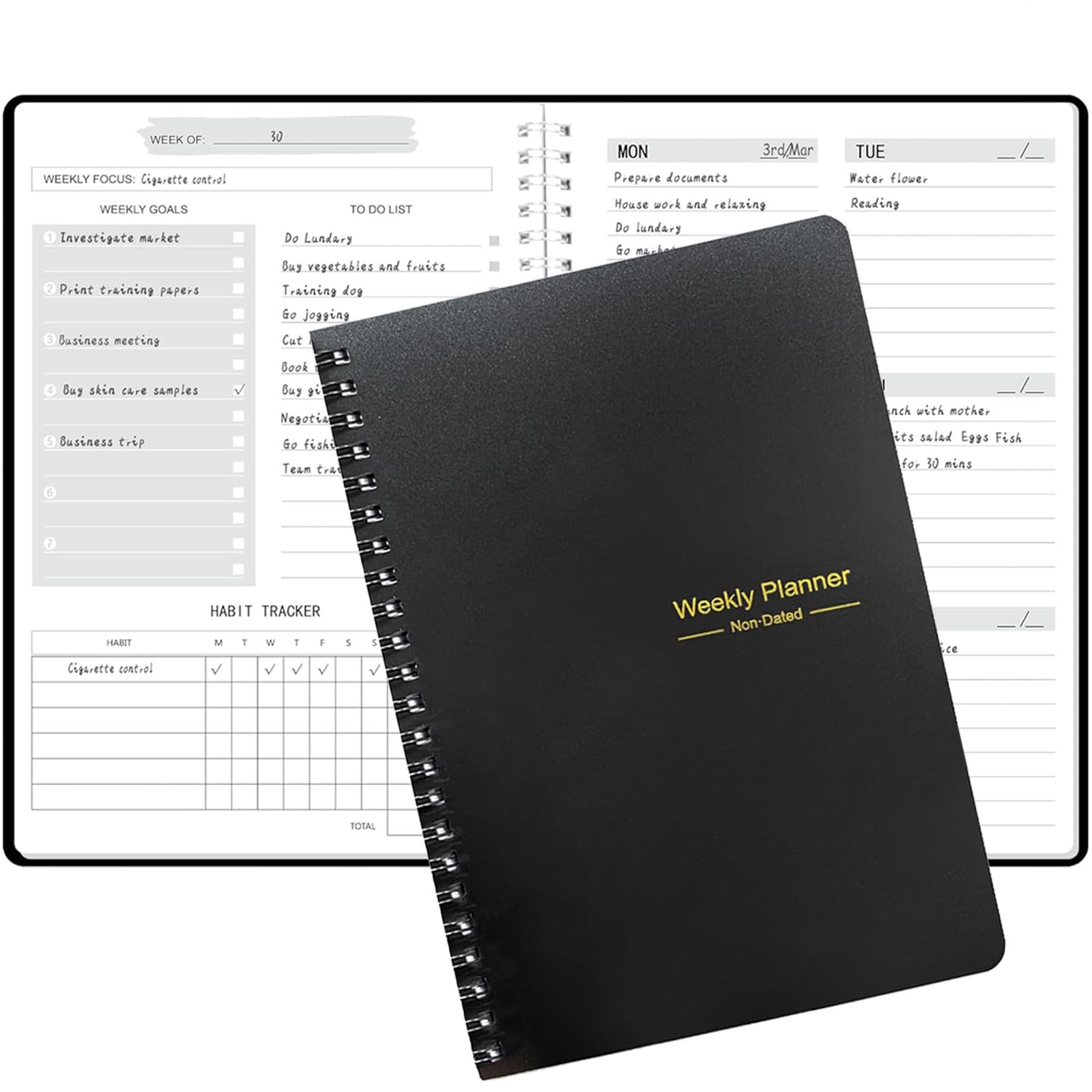 Moseem Weekly Planner Notebook, Undated A5 To Do List Diary,Weekly Goals Planner with Habit Tracker 52 Weeks Planning for College Work Adhd (Black)