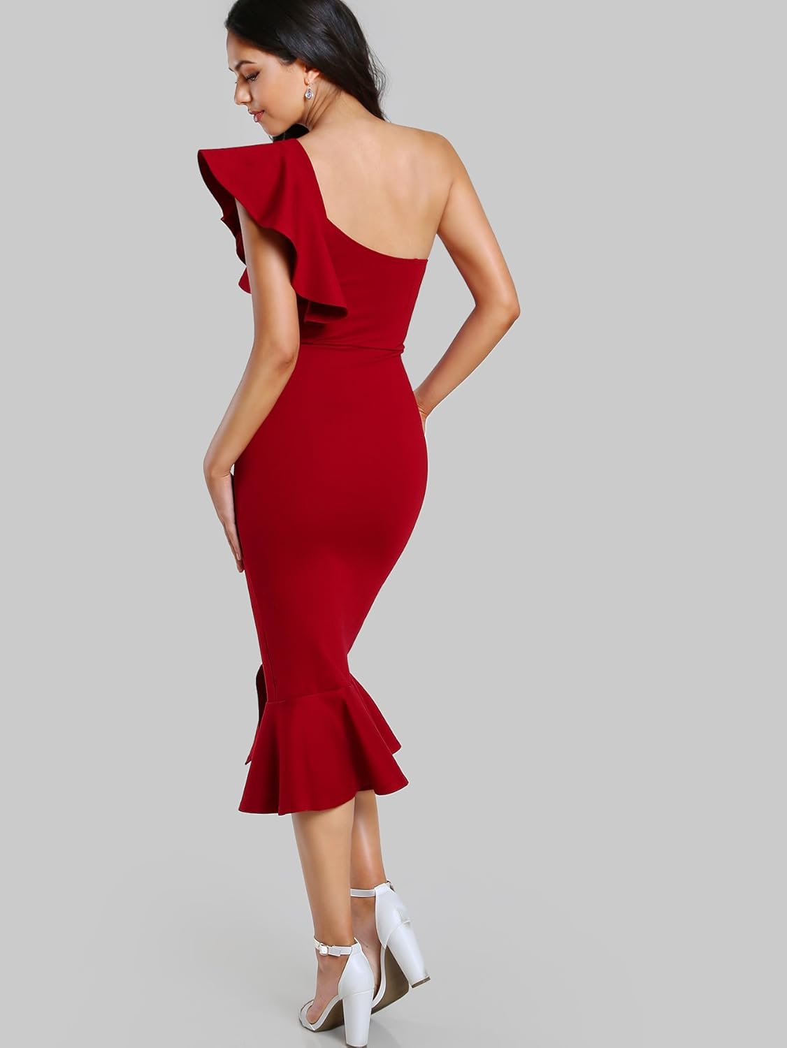 one shoulder split midi dress