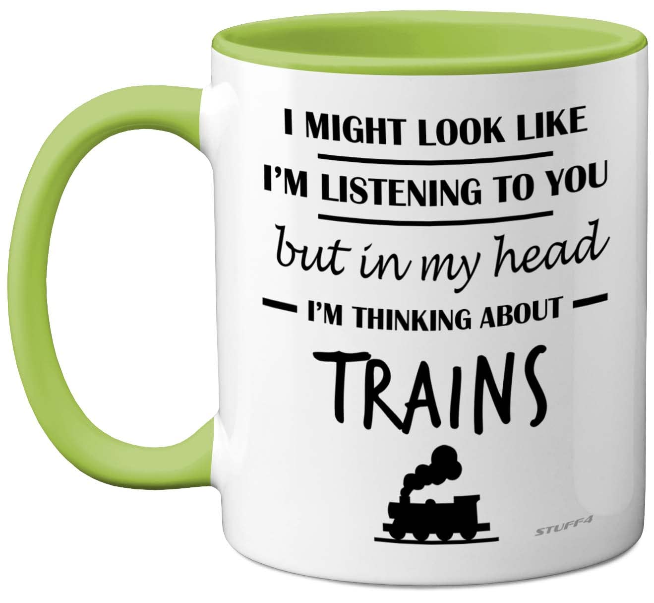 Stuff4 Steam Train Gifts Men - in My Head I'm Thinking About Trains Mug - Funny Gifts Spotting Enthusiasts, Spotter 11oz Ceramic Green Handle Premium Mugs Novelty Cup — image 1