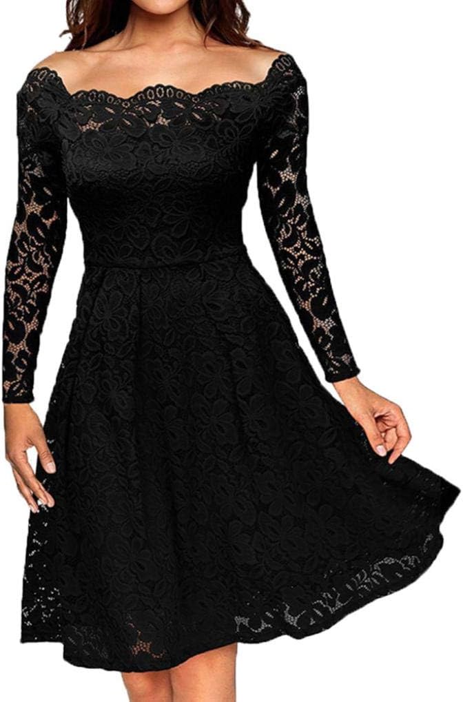 Xmiral Women Dress Off Shoulder Lace Formal Evening Party Dress Long Sleeve Knee-Length Vintage Dress