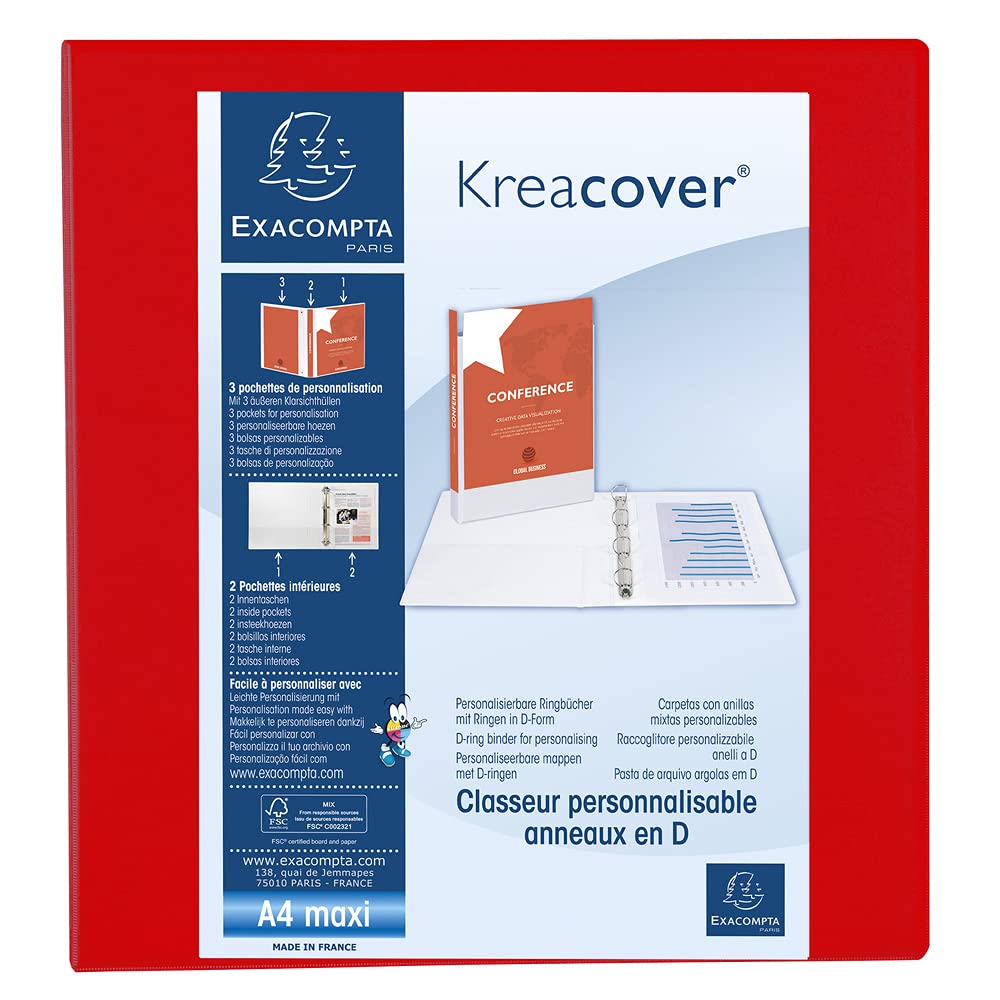 Exacompta - ref. 51845RE - 1 customizable rigid opaque binder with 3 pockets - 4 D-rings of 60 mm - Spine 90 mm - External dimensions: 32 x 30 cm - Format to be filed A4 Maxi - Colour: red
