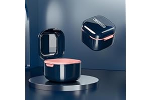 MOODKEY Denture Bath Box with Strainer Basket, Retainer Case, Mouth Guard Case, Braces Cleaner Cup, Leak-Proof Denture Holder Denture Bath Case for Travel Cleaning(Blue B)