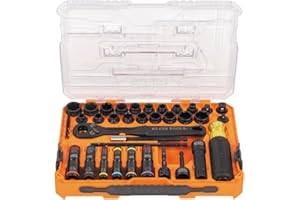 Klein Tools 65500KNECT KNECT Impact Socket Set, SAE and Metric Pass Through Socket Set, 90-Tooth Ratchet, MODbox Case, SAE, Metric, Screwdriver Handle, Bits, 39-Piece