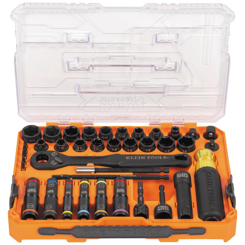 Klein Tools 65500KNECT KNECT Impact Socket Set, SAE and Metric Pass Through Socket Set, 90-Tooth Ratchet, MODbox Case, SAE, Metric, Screwdriver Handle, Bits, 39-Piece Image