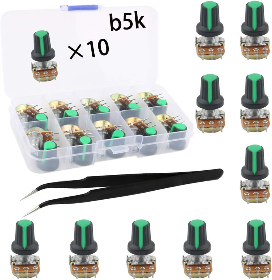 RUNCCI-YUN B5K Linear Potentiometer 3 Terminal Rotary Potentiometer with Cap Nuts and Washer 10PCS (B5K-10PCS)