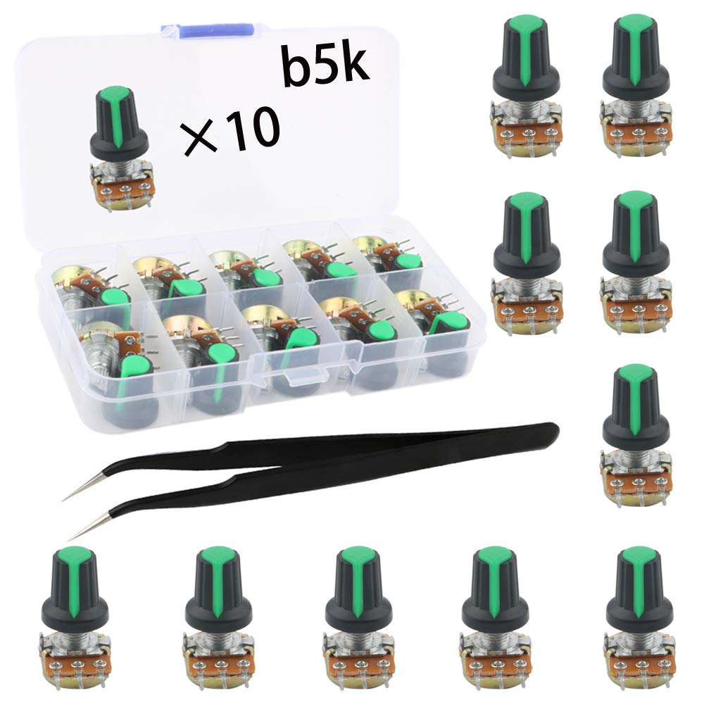RUNCCI-YUN B5K Linear Potentiometer 3 Terminal Rotary Potentiometer with Cap Nuts and Washer 10PCS (B5K-10PCS)