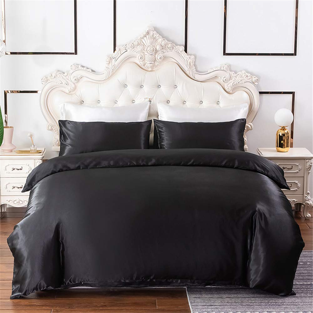 Satin Bedding Sets Double Silk Duvet Cover Set Black Soft Silky 3 Piece Solid Color Shiny Vibrant Comforter Cover Set With Sham (Double Size)