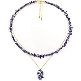 2Pcs Crystal Necklace for Women Handmade Choker Necklaces Pendant Necklace Natural Stone Gemstone Beaded Necklace 18k Gold Plated Adjustable Dainty Necklace for Women