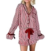 Luckinbaby Women Christmas Silk Pajamas Xmas 2 Piece Bow Tie Loungewear Long Sleeve Button Down Bow Pjs Shorts Set