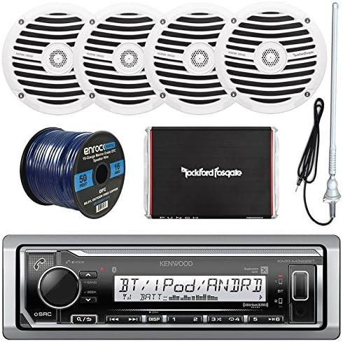 Kenwood KMRM315BT MP3/USB/AUX Marine Boat Yacht Stereo Receiver Bundle Combo With 4x Rockford Fosgate RM0652 6.5" White Coaxial Speakers + 300-Watt 4-Channel Amplifier + 45" Antenna + 50 Feet Wire