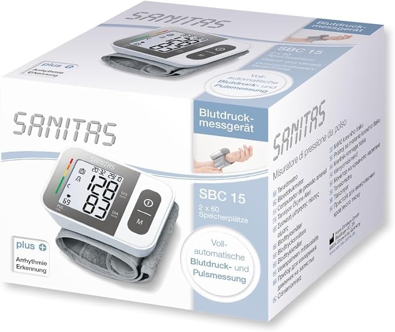 SBC 15 Handgelenk-Blutdruckmessgerät, vollautomatische Blutdruck und Pulsmessung, Warnfunktion bei möglichen Herzrhythmusstörungen