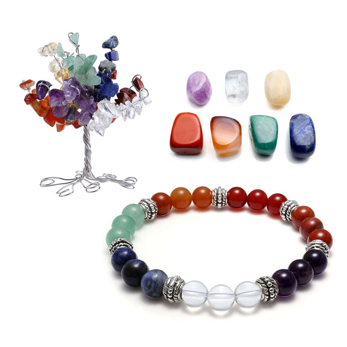 QGEM 7 Chakra Gems Tree of Life SetMoney Tree+ Irregular Chakra Stones+ Chakra Brarcelet Reiki Healing Feng Shui Spiritual Decor Ornaments
