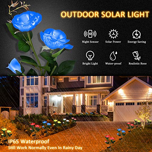 Solar Outdoor Lights, 2 Pack Garden Decor Lights Solar Powered Waterproof with 6 Roses Flowers, Garden Solar Lights Decorative Stake Lights for Garden, Courtyard, Backyard, Patio (Blue)
