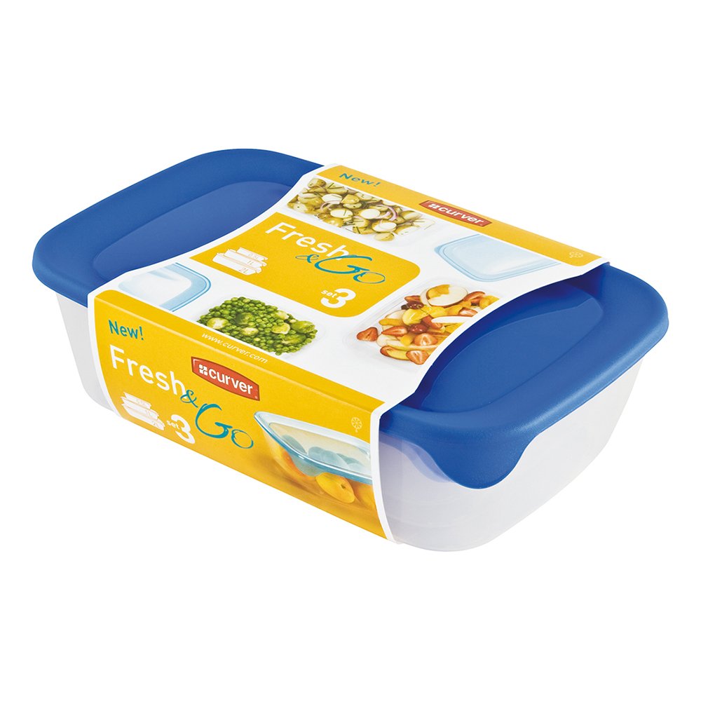 Curver 08026–139–00 Rectangular Container Fresh & Go, Set of 3, Blue/Clear