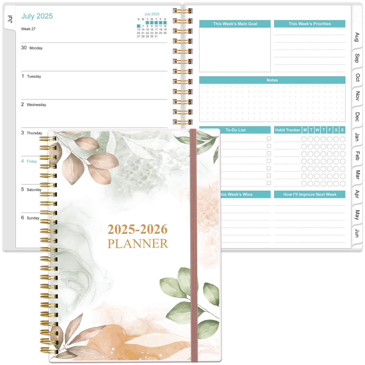 Photo 1 of 2025-2026 Planner - A5 To Do List Planner from July 2025 - June 2026, Planner 2025-2026 with Flexible Cover, Tabs, Inner Pocket, 6.4" x 8.5", Rose Leaf