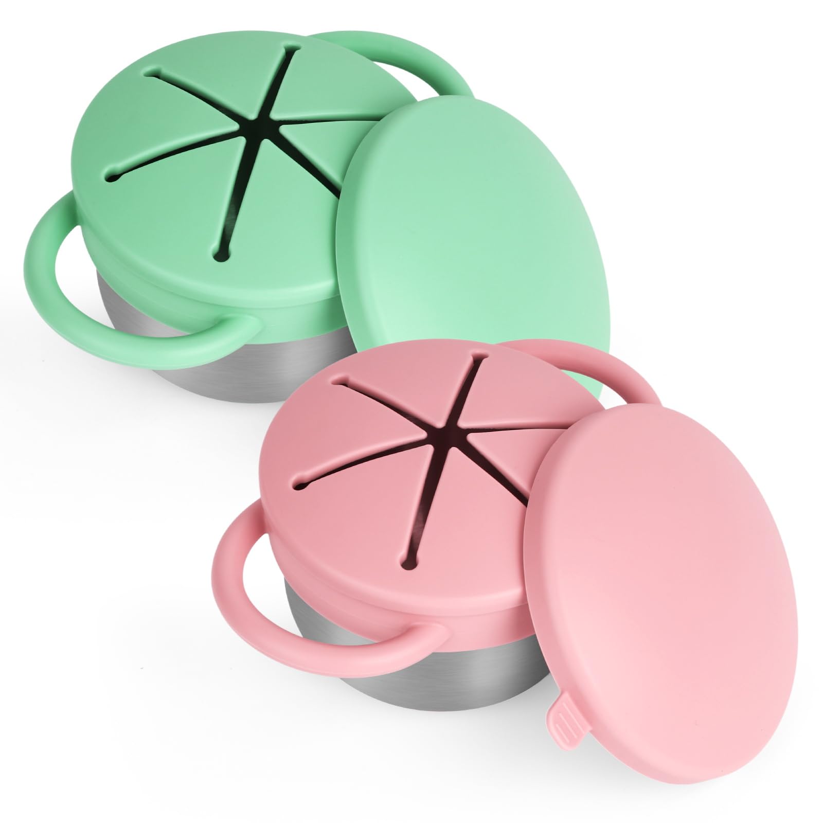 Photo 1 of 2 Pack Snack Cups for Toddlers Spill Proof - Detachable Stainless Steel Toddler Snack Cups with Silicone Lids & Handles - Dishwasher Safe Baby Snack Containers for Mess-Free Snacking (Green and Pink)