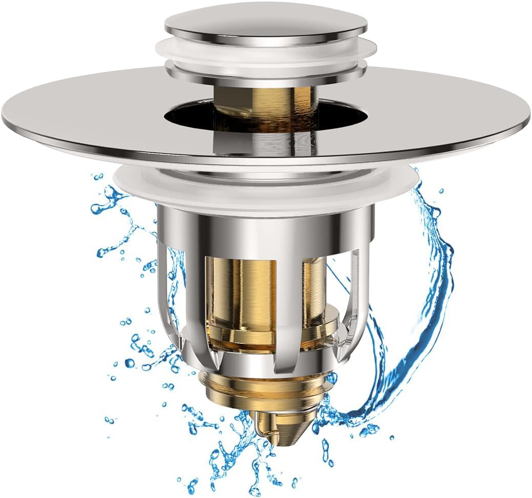 Photo 1 of Universal 2 in 1 Bathroom Sink Stopper, Pop Up Bathroom Sink Drain Strainer with Anti-Clogging Filter Basket, Bathroom Drain Stopper Sink Plug for 1.06"-1.65" Basin Drain Holes, Brushed Nickel
