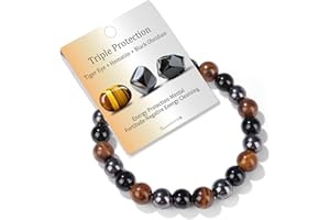 Bolinailo Healing Crystal Triple Protection Bracelet 8mm Crystal Beaded Bracelet for Women Men Natural Stones of Tiger Eye, Hematite, Black Obsidian Handmade Gemstone Reiki Spiritual Jewelry Gifts
