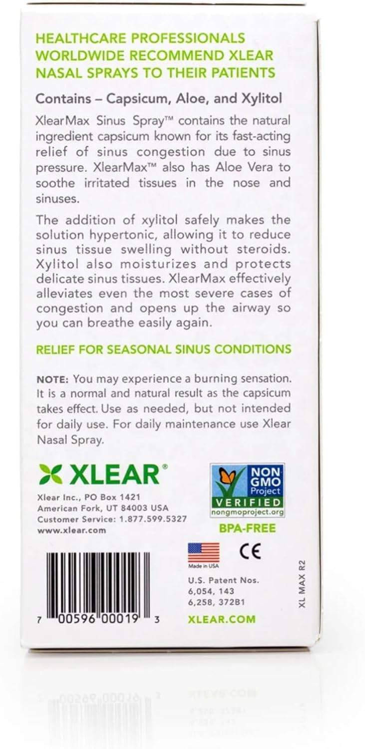 Xlear MAX Natural Xylitol Saline Nasal Spray with Capsicum and Aloe - Fast Acting for Sinus Pressure, Decongestant, Headache, Dry Nose, 1.5 fl oz (Pack of 1)