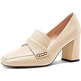 HDEUOLM Womens Chunky Block Mid Heel Square Toe Pumps Slip-on Loafers Shoes Office Basic Classic 3.2 Inches Shoes
