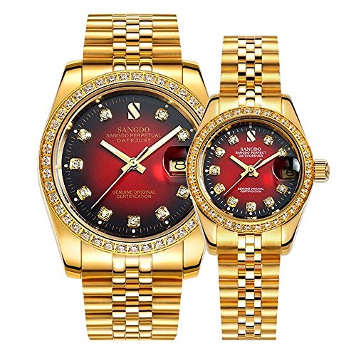 Couple Automatic Mechanical Diamond Watch Waterproof Date 18K Gold Watches Her or His Luxury Gift Set of (Red)