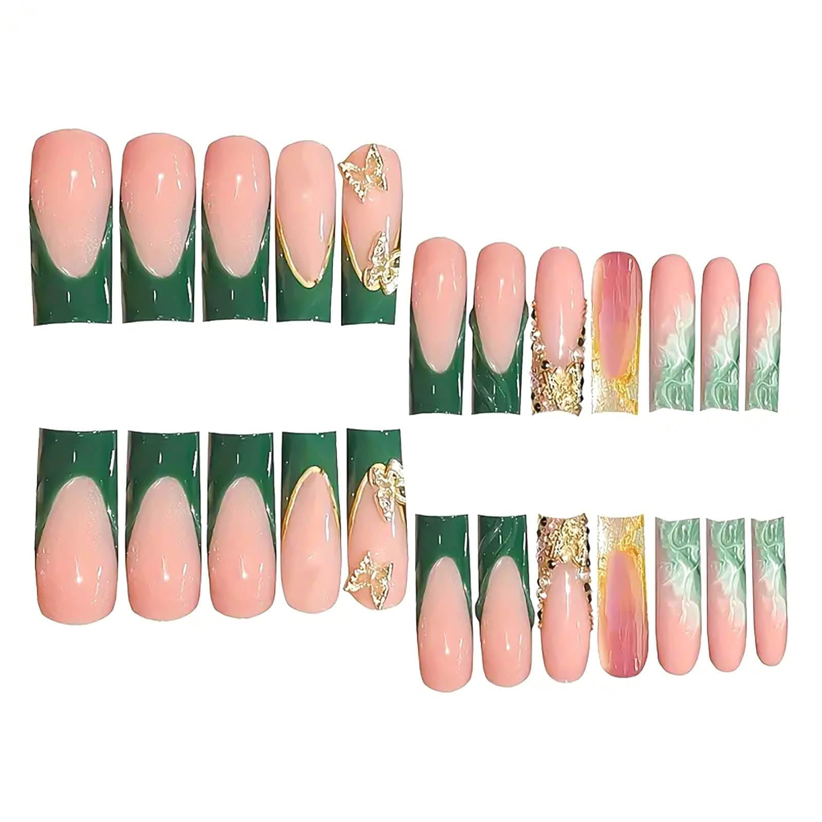 RUOKEXIN Long Square Press on Nails Green French Tip Fake Nails Gold Glitter False Nails with Gold 3D Butterfly Designs Long Square Glue on Nails Sparkly Artificial Nails Cute Stick on Nails for Women - Image 3